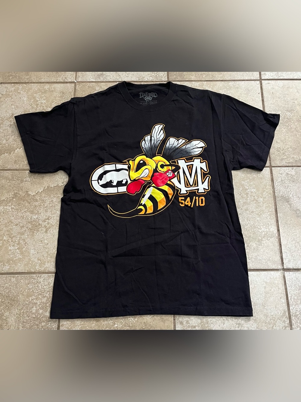 Ecko Unlimited Black Tee with Yellow & Red Boxing Bee Graphic